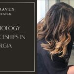 A hairstylist with wavy hair cuts a client's hair in a salon. Text on the left reads "Cosmetology Apprenticeships in Georgia, Jyl Craven Hair Design.