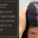 A woman looks down and parts her dark hair to reveal thinning at the scalp; text offers hair thinning solutions and an extensions guide for women at Jyl Craven Hair Design.