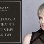 Split image with a dark rectangular panel on the left containing centered white text that reads, "How to Choose a Pixie Cut that Fits Your Face Shape and Hair Type," inside a thin light-colored border. The right half shows a woman with a short blonde haircut, wearing dangling earrings and a sleeveless black sheer top against a light gray background.