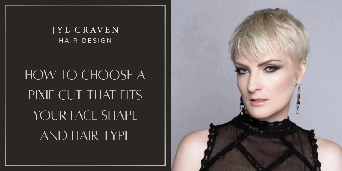 Split image with a dark rectangular panel on the left containing centered white text that reads, "How to Choose a Pixie Cut that Fits Your Face Shape and Hair Type," inside a thin light-colored border. The right half shows a woman with a short blonde haircut, wearing dangling earrings and a sleeveless black sheer top against a light gray background.