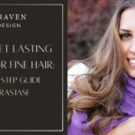 Split image: Left side displays text about a hair volume and extensions guide by JYL Craven Hair Design; right side shows a smiling woman with voluminous, wavy hair wearing a purple scarf.
