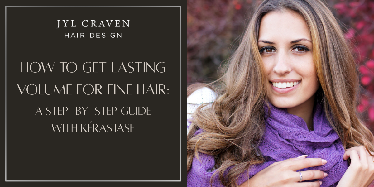 Split image: Left side displays text about a hair volume and extensions guide by JYL Craven Hair Design; right side shows a smiling woman with voluminous, wavy hair wearing a purple scarf.