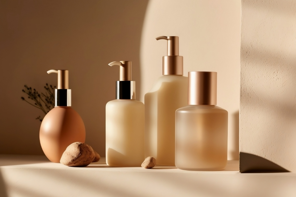 Four matte glass pump bottles in neutral tones are arranged on a beige surface with scattered stones and soft natural light casting shadows.