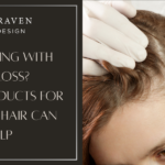Graphic for Jyl Craven Hair Design featuring the text ‘Struggling with Hair Loss? These Products for Thinning Hair Can Help’ beside a close-up image of a woman’s scalp being examined with gloved hands.